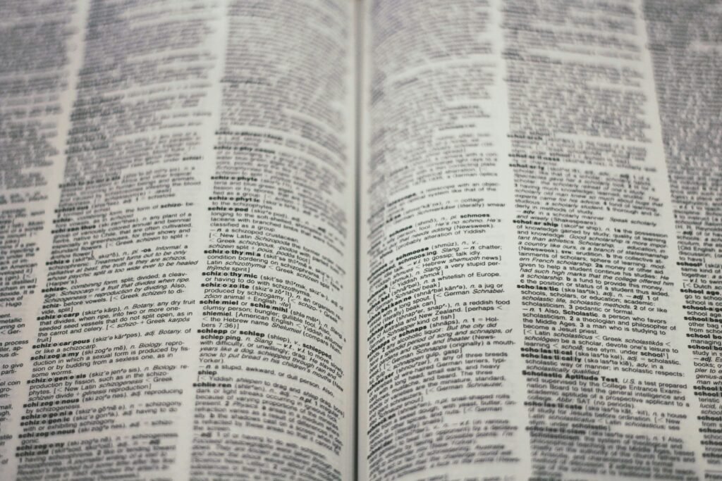 Open dictionary showing English words and definitions